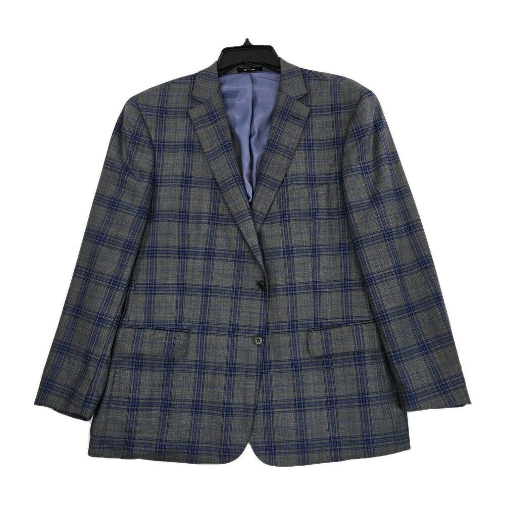 Enzo Tovare Blazer Mens 46R Gray Blue Windowpane Plaid 2 Button Sport Coat Wool